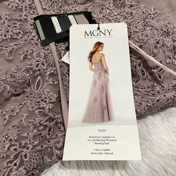 NEW MGNY by Mori Lee Beaded Lace Illusion Neck A-Line Maxi Dress Gown in Dusty L - Picture 7 of 12